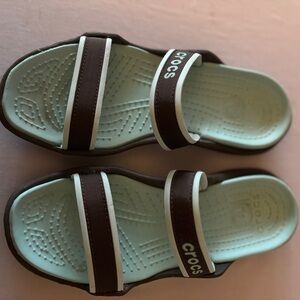 CROCS Brown and Light Blue Dual-Strap Slide Sandals New